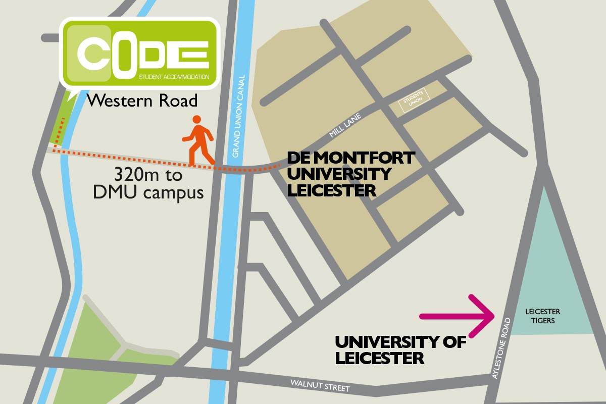 Map showing CODE Student Accommodation Leicester is just 5 minutes walk from DMU